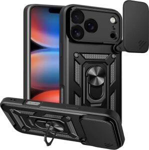 - iPhone 17 Pro Max ile Uyumlu Apple Kılıf Kamera Korumalı Sürgülü Yüzüklü Armor Military Tank Kızaklı Sert Kapak