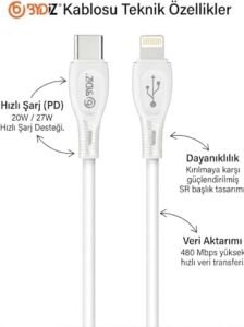 iPhone Usb-C To Lightning Hızlı Şarj Kablosu Type-C Pd Destekli 14/13/12/11 Pro Max Xs Max Xr x Airpods Pro Uyumlu - Yeni Nesil Akıllı Çip (Ios Uyumlu) - Bydiz