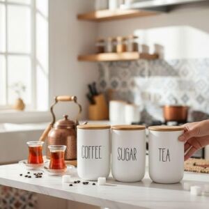 3'lü Bambu Kapaklı Seramik Kavanoz Seti - Vakumlu Çay Şeker Kahve Saklama Kabı - Coffee Sugar Tea Yazılı Beyaz Baharatlık (700 Ml)