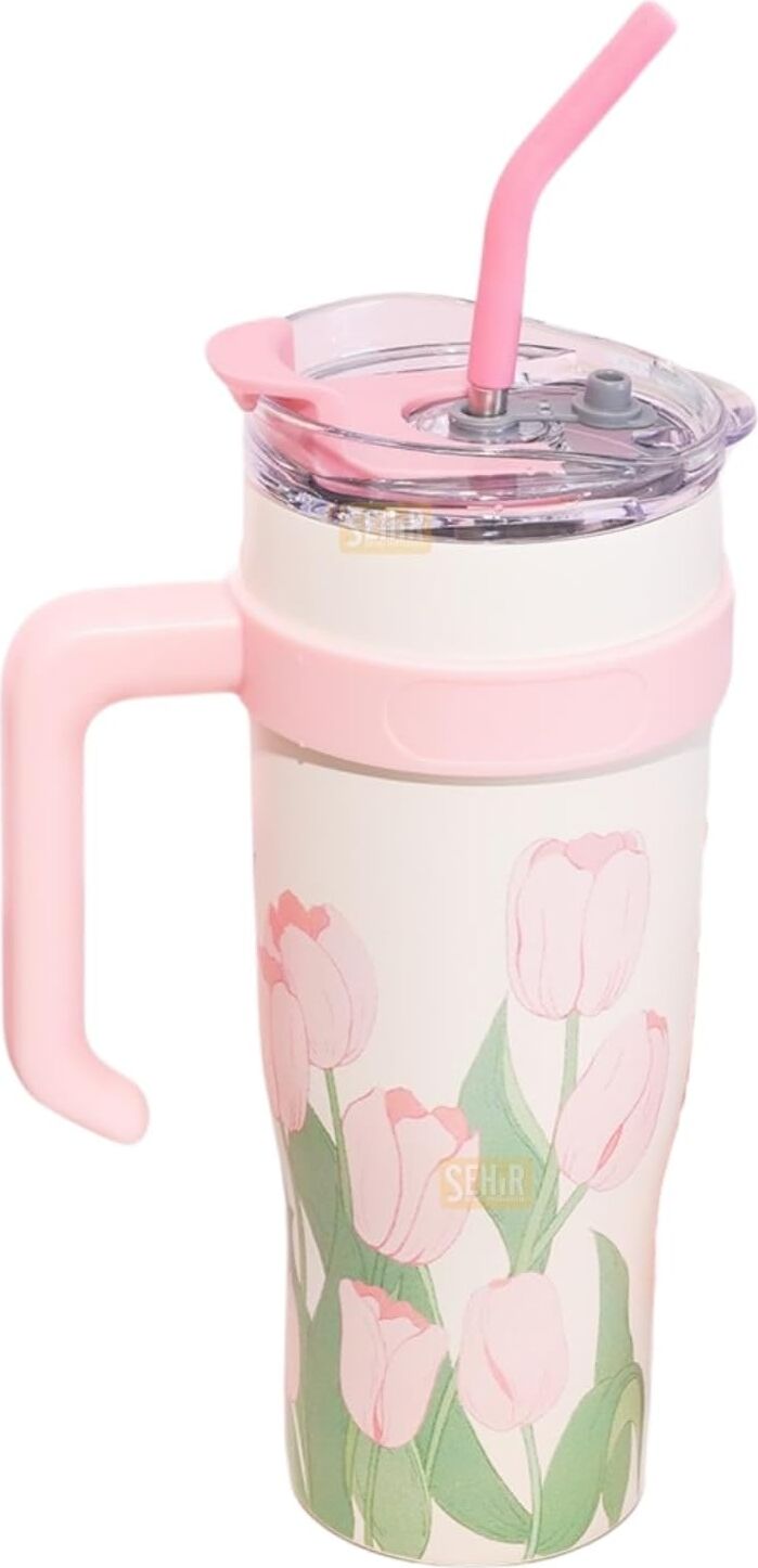 Diller 1200ML Pembe Lale Desenli Tumbler Pipetli/pipetsiz Kulplu Paslanmaz Çelik Termos