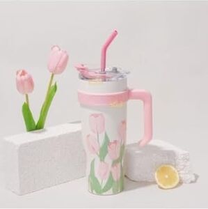 Diller 1200ML Pembe Lale Desenli Tumbler Pipetli/pipetsiz Kulplu Paslanmaz Çelik Termos