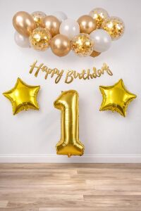 Gold Konsept Doğum Günü Kutlama Seti; Beyaz Gold Konfetili Balon, Rakam Yıldız Folyo ve Banner (1)