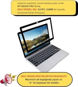 MacBook Pro 15 Inc Uyumlu Cerceveli Mat Anti Glare Ekran Koruyucu Yansima Onleyici Touch Bar Destekli A1707 A1990 Şeffaf