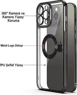 & Aksesuar iPhone 14 ile Uyumlu Laser Şeffaf Parlak Arka Yüzey ve Logo Detaylı Kenarları Silikon Yapıya Sahip Lens Koruyuculu Kılıf (Gümüş Rengi)