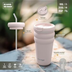 3 Bubble Two-Cap Straw Tumbler Çelik Termos 600 ml Lilac Hint ST-245