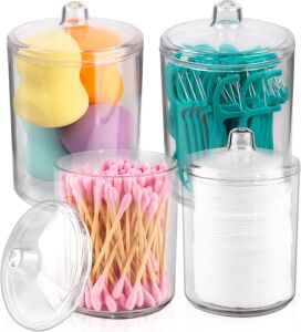 Qtip Tutucu, Makyaj Makyaj Düzenleyici Depolama, Kapaklı Şeffaf Plastik Eczacı Kavanozları, Banyo Pamuklu Çubuk Dispenseri, 2X10OZ ve 2X7OZ, 4'lü Paket, Kahverengi Ahşap Kapaklar,