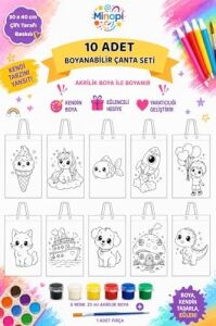 10 Adet Boyanabilir Bez Çanta Seti 30X40 cm – 6 Renk Akrilik Boya ve Fırça Dahil