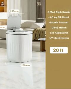 Akıllı Teknolojik Sensörlü Çöp Kovası Işık Antibakteriyel Koku Geçirmez Mutfak Banyo Wc Ofis 20L Uv