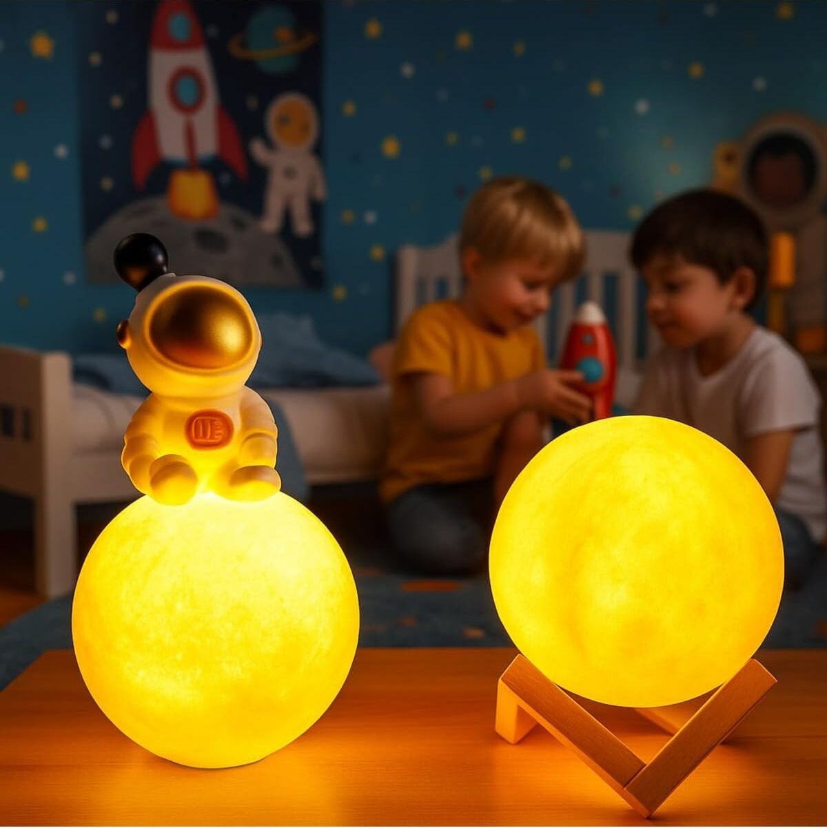 Işık Kasabası(25) Ay Üzerinde Oturan Astronot ve 3D Stantlı Küre Düşünen Astronot ve LED Ay Gece Lambası Sarı