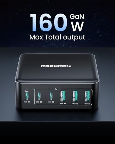 160W 3*type-C ve 3*usb-A 6 Portlu Şarj Cihazı Laptop Uyumlu Gan Masaüstü Şarj Istasyonu