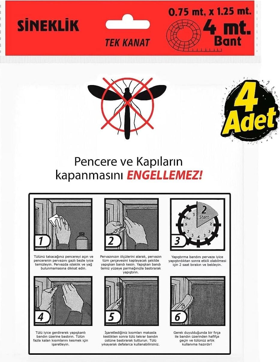 Tek Kanat Pratik Sineklik, 0.75 m x 1.25 m Tül, Kapı & Pencere Uyumlu, 4 M Yapıştırma Bantlı (4 Adet)