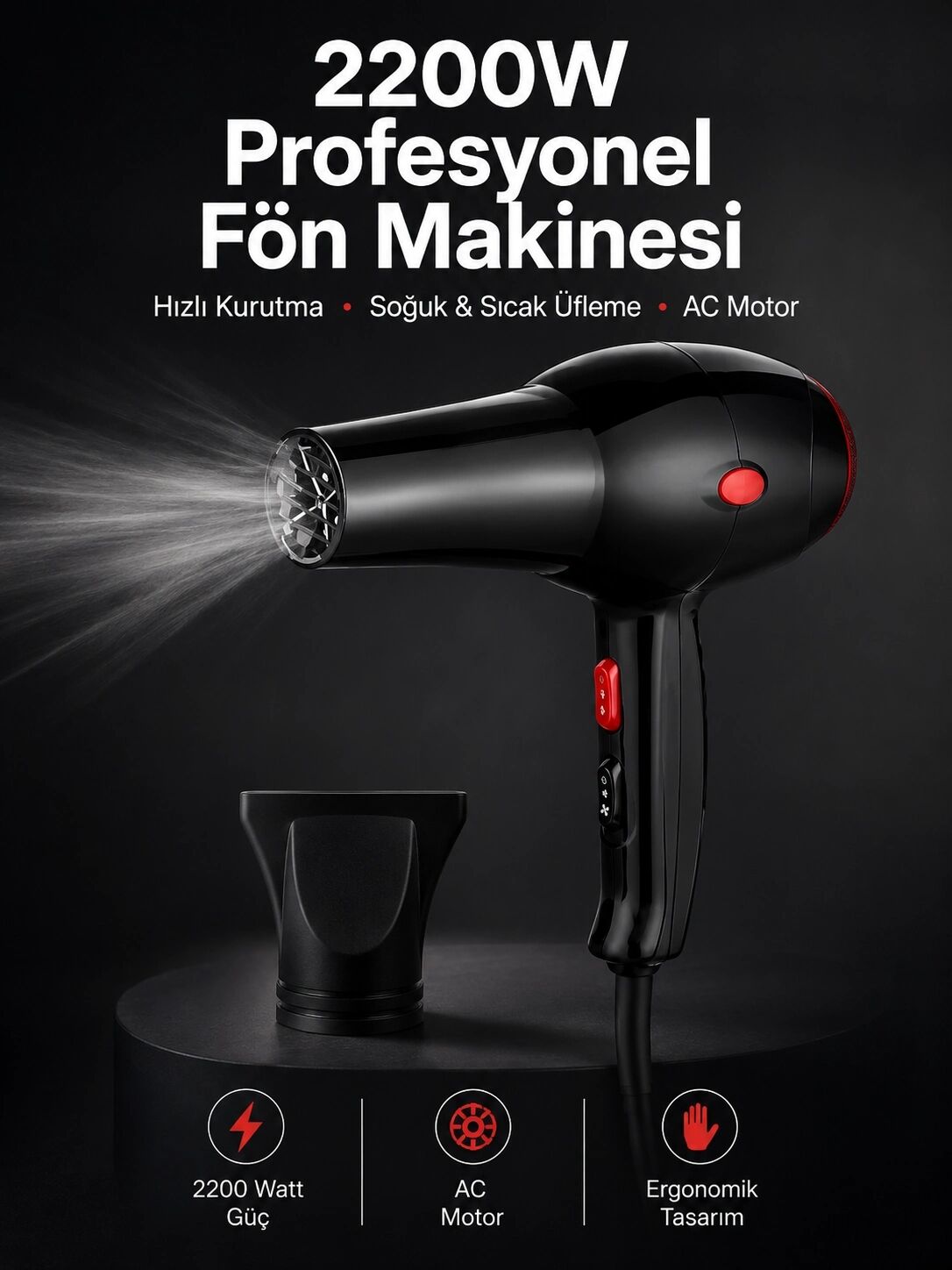 Tüm Saç Tiplerine Uygun, Iki Kademeli Hız Ayarlı Fön Makinesi
