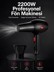 Tüm Saç Tiplerine Uygun, Iki Kademeli Hız Ayarlı Fön Makinesi
