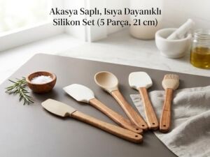 Premium Akasya Odun Saplı Mini Silikon Mutfak Gereçleri Seti - 5 Parça, Isıya Dayanıklı, Yapışmaz Yüzey Dostu, Bej ve Ekru Renk Seçenekli