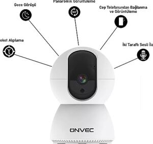 Onvec Akıllı Kamera X100, 1080P Full Hd, Hareket Tespit ve Takibi, 360°, 5m Gece Görüşü, Çift Yönlü Sesli Iletişim, Bulut/yerel Depolama, Iç Mekan Wi-Fi Güvenlik Kamerası