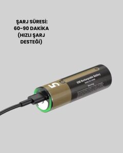 USB Type-C Girişli Şarjlı Aa Lityum Pil | 1.5V Sabit Çıkış | 3200MWH (2'li Paket)