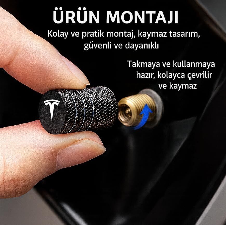 Tesla Model Y Juniper ile Uyumlu Alüminyum Sibop Kapak Seti (Siyah Renk 4 Adet)