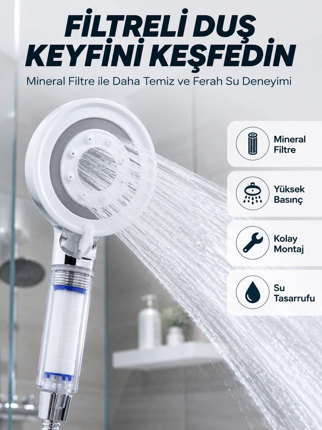 Şeffaf Filtre Hazneli Duş Başlığı Güçlü Akışlı Pratik Banyo Duşu