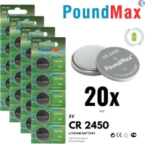 20 x Poundmax CR2450, DL2450,ECR2450, KCR2450 3V Lityum Madeni Düğme Pil