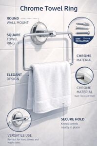 Kare Krom Havlu Halkası Duvara Monte, Parlak Krom Kaplama Metal Banyo Havluluğu, Modern Tasarım Kare Havlu Askılığı, Lavabo Yanı Havlu Tutucu Banyo Aksesuarı