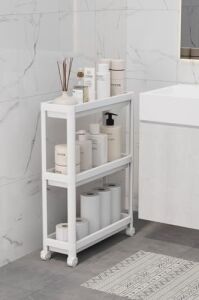 3 Katlı Tekerlekli Slim Ince Beyaz Banyo Mutfak Rafı Polipropilen Plastik MIT1125