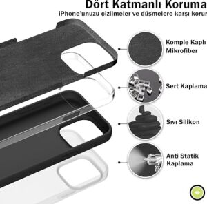 iPhone 15 Pro Max ile Uyumlu Kılıf, Silikon Kılıf, Darbeye Dayanıklı Koruyucu Kapak Çizilmez Içi Komple Mikrofiber Astarlı Telefon Kılıfı, 6,7 Inç (Siyah)