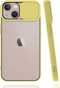 Apple iPhone 13 ile Uyumlu Kılıf Slayt Sürgülü Arkası Buzlu Lensi Kapak - Sarı
