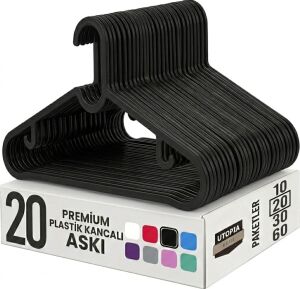 20 Adet Slim Plastik Elbise Askısı, Gardrop Için Alan Tasarruflu Pantolon Gömlek Ceket Etek Askısı, Kıyafet Askısı, 38.5 cm x 18 cm (20, Siyah)