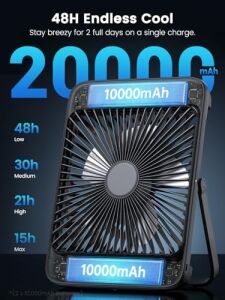 Warmco 20000MAH 8 Inç Taşınabilir Kamp Fanı, 48 Saat Maksimum Çalışma Süresi, LED Işık, Sessiz Ince Pille Çalışan Kişisel Masa Fanı Ofis, Seyahat, Yatak Odası, Dış Mekan Için Dijital Ekranlı