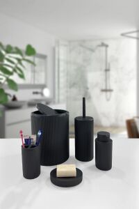 5 Parça Siyah Çizgili Yuvarlak 5'li Eco Banyo Seti Çöp Kovası Tuvalet Fırçası Sabunluk Diş Fırçalık