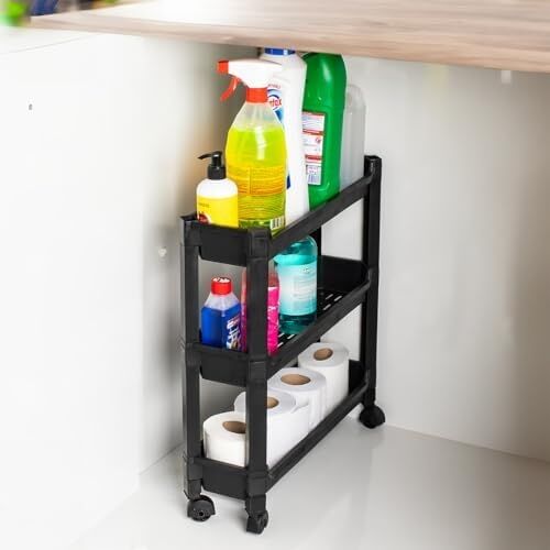 Çok Amaçlı Siyah 3 Katlı Tekerlekli Dikdörtgen Banyo Raf Ünitesi