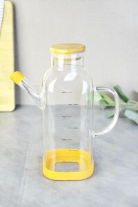 800 ml Bambu Kapaklı Borosilikat Cam Kare Yağlık
