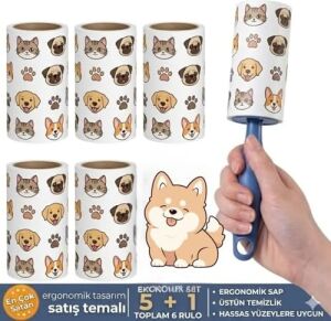 Tüy Toplayıcı Roller Seti, 6 Rulo, Kedi ve Köpek Tüyü Temizleyici, Ergonomik Sap, Hassas Yüzeylere Uygun