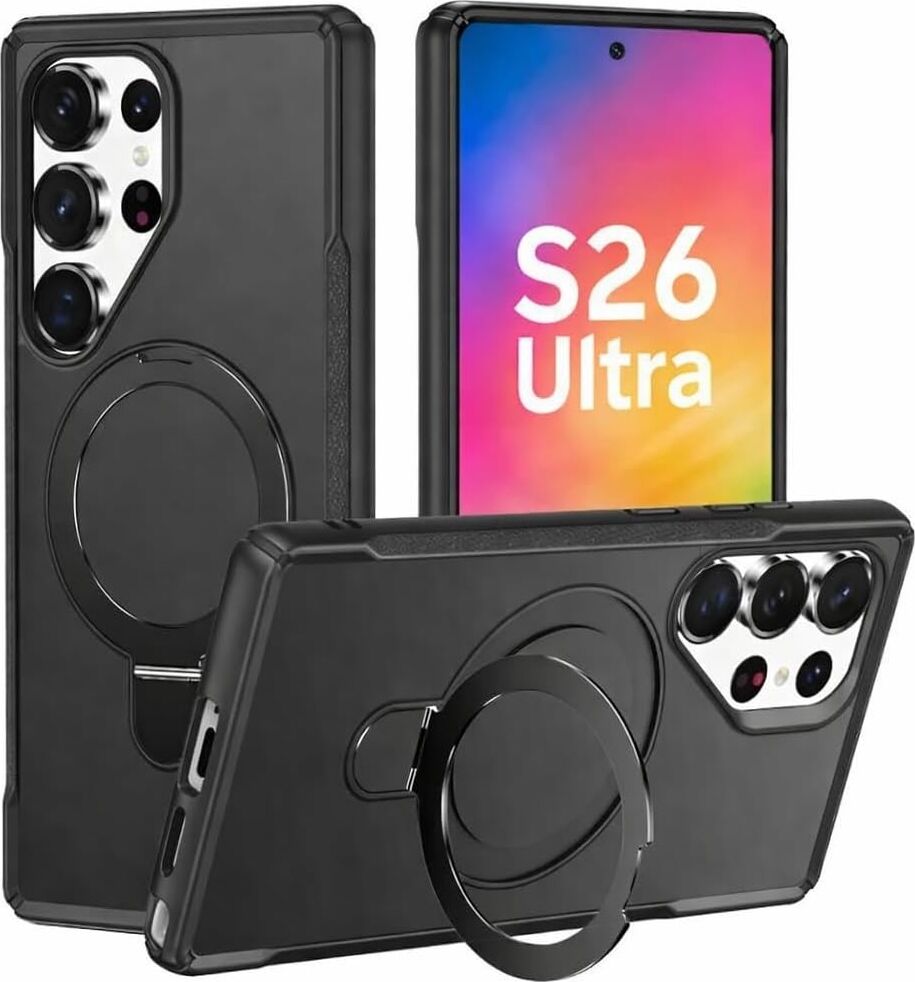 Galaxy S26 Ultra Için Kılıf Mag-Military Katlanabilir Halka Stantlı  S26 Ultra Kılıfı Pc+Tpu Rugged Tasarımlı Güçlü Manyetikli  S26 Ultra Kılıf (Siyah)