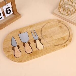 Bambu Peynir Sunum Tabağı, 3 Parça Peynir Bıçağı ve Çatalı Seti, Toplam 4 Parça, Doğal ve Şık Peynir Tabağı, Kaliteli Sunum Seti 34X20 cm Ebatlarında