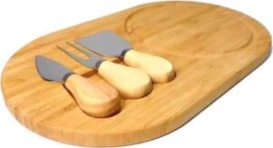 Bambu Peynir Sunum Tabağı, 3 Parça Peynir Bıçağı ve Çatalı Seti, Toplam 4 Parça, Doğal ve Şık Peynir Tabağı, Kaliteli Sunum Seti 34X20 cm Ebatlarında