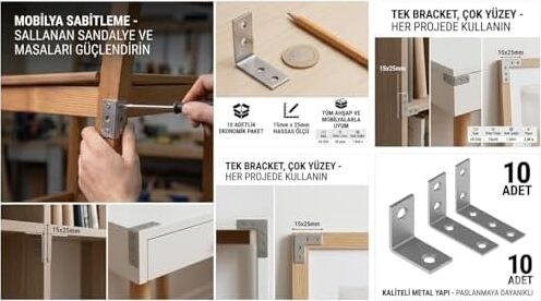 15X25 mm L Masa Gönye 10 Adet - Paslanmaz Çelik Köşe Birleştirici ve Mobilya Sabitleyici - Küçük Boy Metal Köşebent L Braket Seti