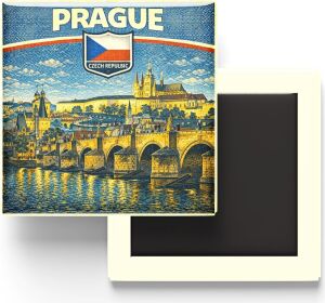 Çekya Prag Şehri Temalı Vintage Buzdolap Magneti – 9x9 cm