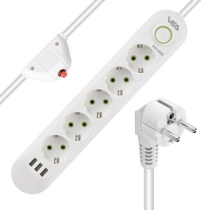 Akım Korumalı, 5'li Çoklu, 3 Usb, 1.5 mt Kablo, Anahtarlı Grup Priz, Usbli, Isıya Dayanıklı, 3000 Watt Gücünde