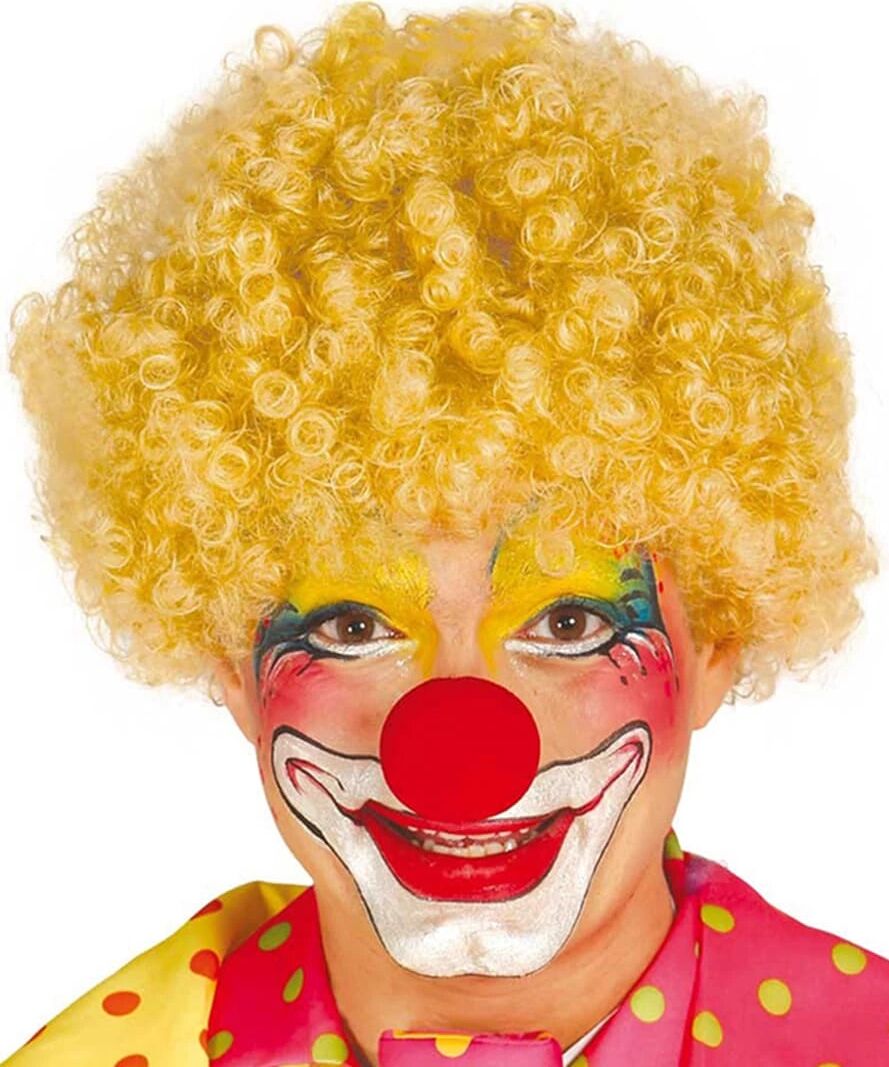 Sarı Renk Kıvırcık Afro Bonus Peruk Takma Saç ve Kırmızı Burun Seti