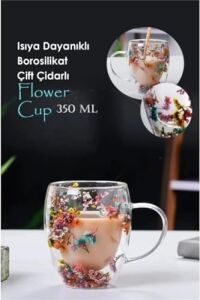 350 ml Isıya Dayanıklı Borosilikat Çift Çidarlı Flower Cup Bardak Çiçekli Kahve Sunum Bardağı