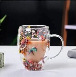 350 ml Isıya Dayanıklı Borosilikat Çift Çidarlı Flower Cup Bardak Çiçekli Kahve Sunum Bardağı