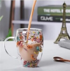 350 ml Isıya Dayanıklı Borosilikat Çift Çidarlı Flower Cup Bardak Çiçekli Kahve Sunum Bardağı