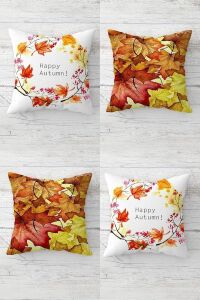 Happy Autmn Sonbahar Yaprakları Gizli Fermuarlı Kırlent Kılıfı Koltuk Yastık Kılıfı TAKIM(4ADET), Sarı-Kahverengi 45 x 45