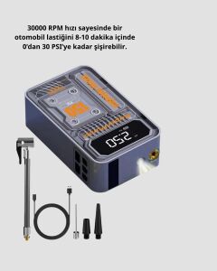 Taşınabilir Kablosuz Hava Pompası – 150 Psı Güçlü Basınç ve 6000MAH Şarjlı