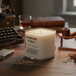 Wildwood Secret Lüks Aromaterapi Mumu |%100 Doğal Soya Wax | Okaliptüs, Tütün, Vanilya & Sandal Ağacı Kokulu | 4x Pamuk Fitilli | El Yapımı Fitiller | 50+ Saat Ultra Uzun Yanma Süresi | Tekrar Kullan
