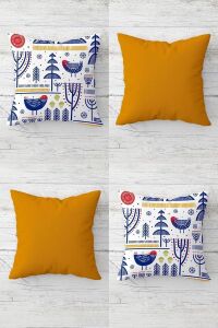 Iskandinav Desen Modern Kuşlu Gizli Fermuarlı Kırlent Kılıfı Koltuk Yastık Kılıfı TAKIM(4ADET), Mavi-Beyaz-Hardal 45 x 45