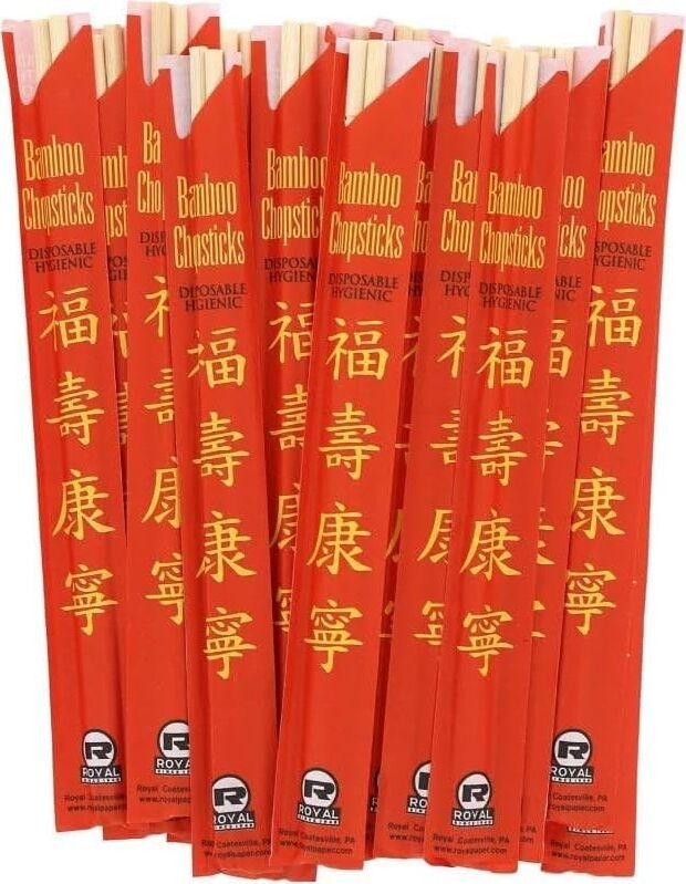 Royal Bambu Chopstick, Doğal Bambu Malzeme, Kırmızı Kağıt Ambalajlı, Tek Kullanımlık, 21-23 Cm, 100&APOS;LÜ Paket