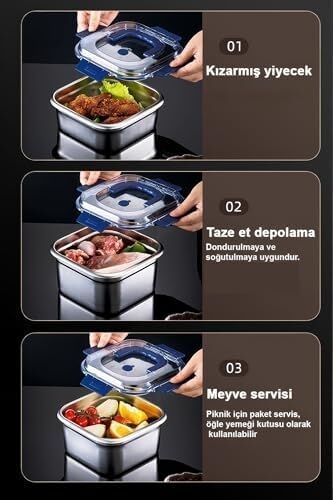 Çelik 1250 ml Kilitli Yemek Meyve Et Buzdolabı Beslenme Saklama Kabı MT106