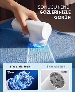 M118 Dijital Göstergeli Şarjlı Tüy Toplayıcı & Kumaş Tüy Alma Makinesi – 6 Başlıklı Bıçak + 1 Yedek Bıçak, Type-C Şarjlı, 3 Kademeli Güç, Kazak, Koltuk ve Yatak Için